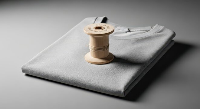 Spool of thread on folded fabric.