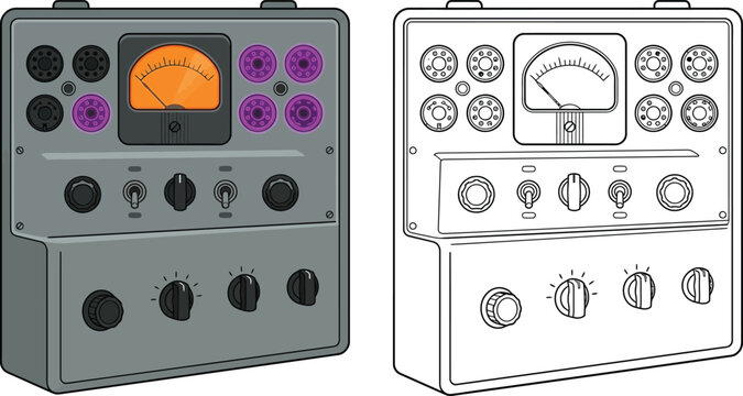 Vintage electronic device with analog meter and knobs retro audio equipment illustration for music production and technology concepts isolated on white
