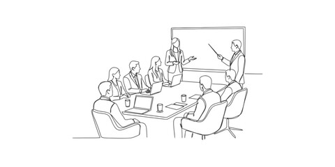 Obraz premium A line drawing of a group of business people in a meeting around a table with a man pointing at a whiteboard