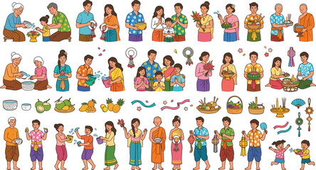 Fototapeta premium Diverse cartoon family and friends cooking, sharing food, and celebrating together in a colorful setting