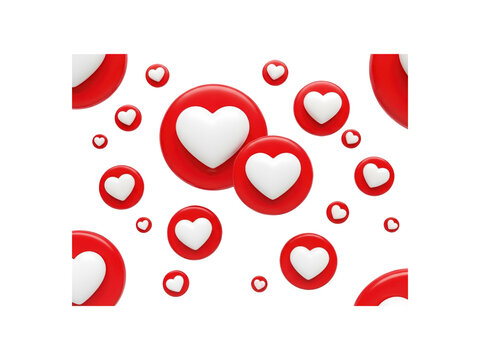 Scattered red circles with white hearts, social media like icons, symbolizes love and engagement on platforms