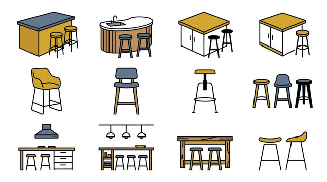 Modern kitchen island and bar stool icons.