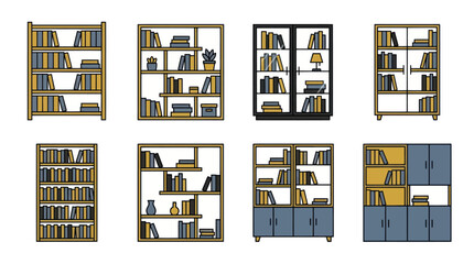 Various bookshelves with storage cabinets and decorative indoor plants. © Alya