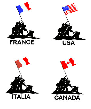 Iwo Jima flag raising silhouette with different country flags concept