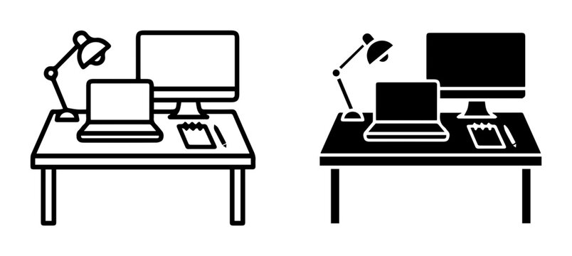 Modern Desk Setup Icons: Computer, Laptop, Lamp, and Tablet Icons for Workspace Design