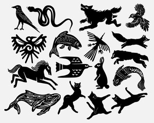 Naklejka premium Stylized animal silhouette collection offers unique tattoo elements, t shirt designs, streetwear fashion. A versatile graphic print art set for contemporary projects
