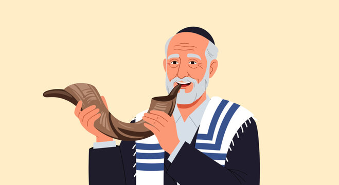 Elderly Jewish man wearing a kippah and tallit, happily blowing a shofar horn during a religious celebration