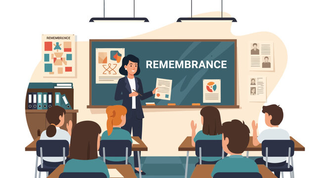 Teacher Presents Remembrance Lesson to Students in a Modern Classroom