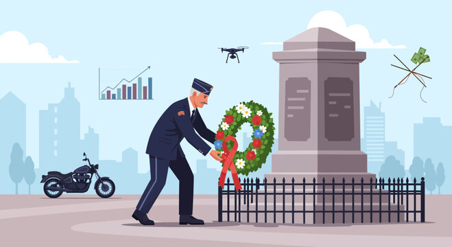 Veteran places wreath at memorial monument with drone overhead and cityscape background