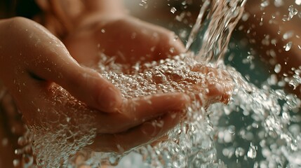 Fototapeta premium Close up of clean water flowing into cupped hands, creating bubbles and splashes