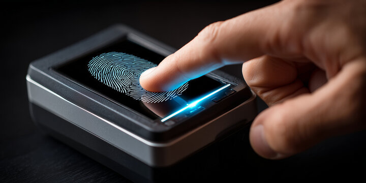 Close up of a finger being scanned on a biometric fingerprint reader for security verification against data breaches
