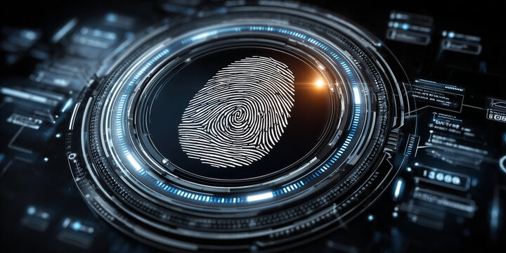 Futuristic biometric security concept featuring a digital fingerprint in a high tech interface representing data protection against breaches