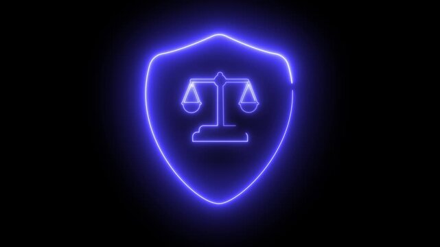 Animation of a blue neon shield with the scales of justice on a bright dark background. It symbolizes protection and fairness. Ideal for legal, security, or ethical themes.