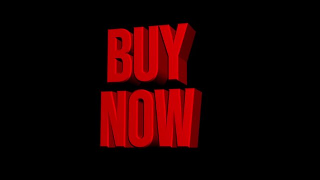 Animation of a striking red 3D text "BUY NOW" on a black background. Design for urgent sales, promotions, or e-commerce sites.