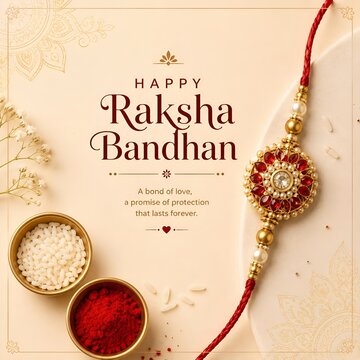 Raksha bandhan festival greeting card with rakhi thread rice and vermilion tilak