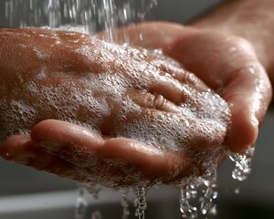 Fototapeta premium Close-up of hands being washed with soap and water, showing rich lather and water droplets cascading down
