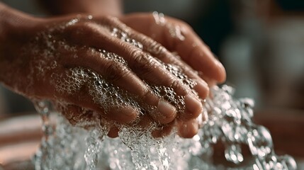 Fototapeta premium Close up of hands washing with soap and water, creating gentle foam and clear splashes