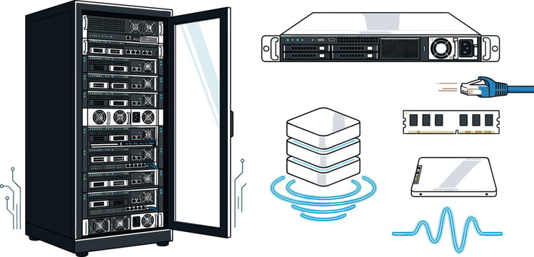 Data Center Server Rack Cabinet Vector Set with Network Switch Database Icon Ethernet Cable RAM Hard Drive Hardware Graphic Elements