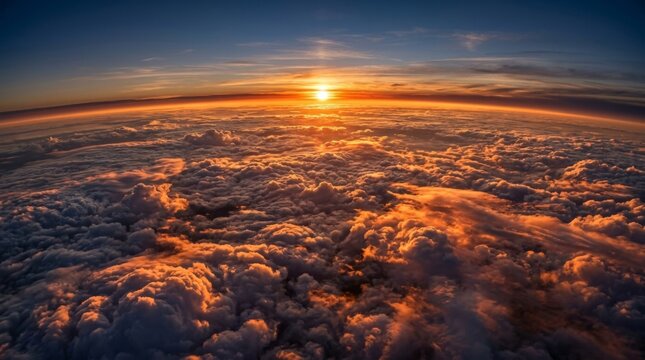 Stunning Sunset Over Earths Horizon with Golden Clouds from Space.