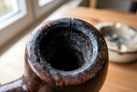 Severe charred rim and deep structural crack with thick tar paste on a wooden smoking pipe