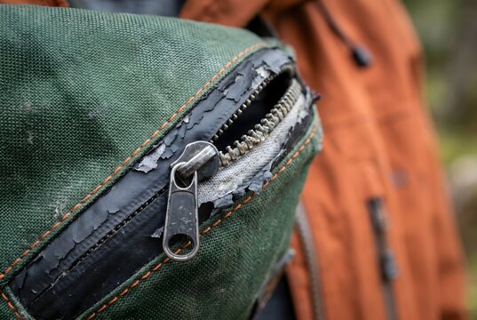 Severely peeling polyurethane coating and bent teeth on a waterproof zipper of a waist pouch
