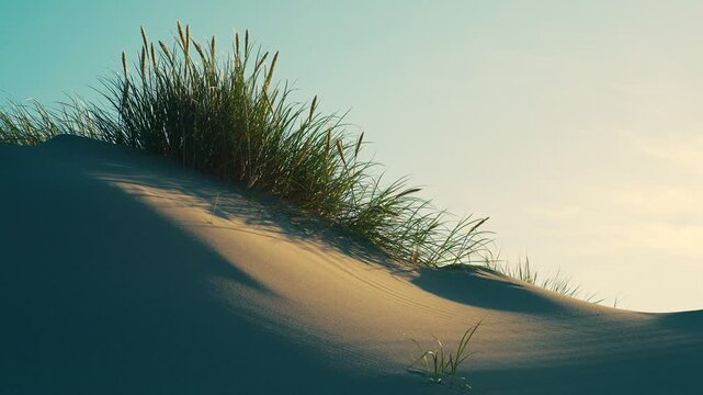Evening Light Casting Long Shadows on Sand Dune Vegetation 4K Low sun rakes across a smooth sand dune topped with beach vegetation, creating long soft shadows against a pale sky.