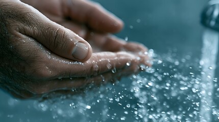 Fototapeta premium Close up of a man's hands being washed under running water, with water droplets splashing, emphasizing cleanliness and hygiene