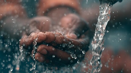 Fototapeta premium Close up of hands cupped to catch clean water flowing from a tap in a close up shot