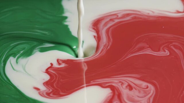 Close-up abstract of white liquid swirling into red and green colored liquids, creating marbled patterns.