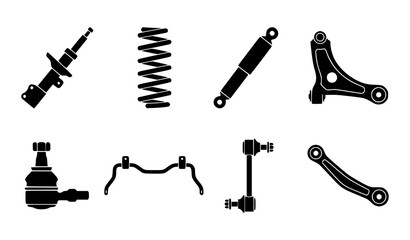Fototapeta premium Automotive Suspension Parts Black Silhouette Vector Set with Strut Spring Shock Absorber Control Arm and Ball Joint