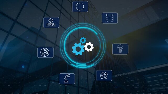 Gear rotation, Animation of technology and business process Hyperautomation with digital interface icons
