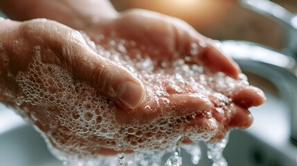 Fototapeta premium Close up of hands being washed with soap and water, creating a lot of foam and bubbles, clean hygiene concept
