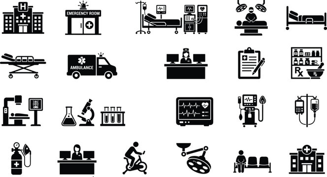 Black Silhouette Hospital Facility and Emergency Medical Service Icons Set for Healthcare Infographic Design