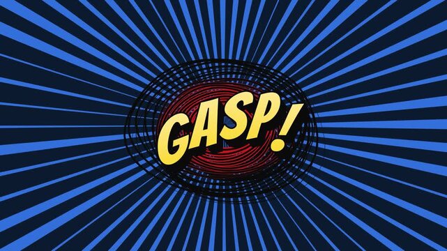 Comic book style gasp text floating in spiral burst on rotating blue radial background, pop art onomatopoeia, seamless loop