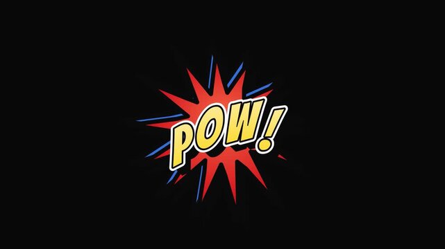 Comic book style pow text floating and hovering in jagged burst on black background, pop art onomatopoeia, seamless loop