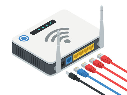 A modern dual-antenna wireless internet router sits angled on a surface, displaying its top Wi-Fi symbol, while various colorful networking cables and a black power cord approach its back panel ports