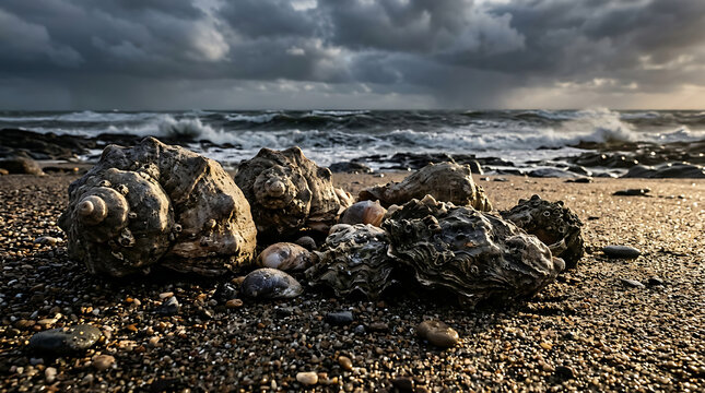 Rough oyster and whelk shells scattered on a textured sandy beach with a turbulent ocean and stormy sky in the background.