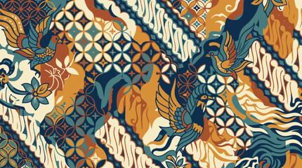 Obraz premium Vibrant Batik Pattern Unfolds with Animals and Nature in Traditional Design