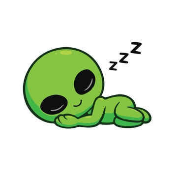 Vector art of a cute green alien sleeping peacefully, featuring adorable character design, sticker style, icon concept, logo symbol, playful fantasy theme, and charming cartoon artwork.