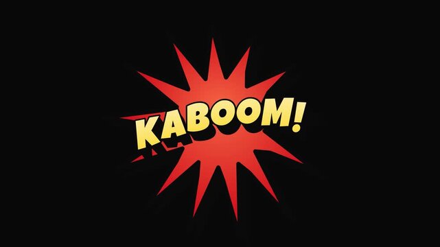 Comic book style kaboom text floating and hovering in jagged burst on black background, pop art onomatopoeia, seamless loop