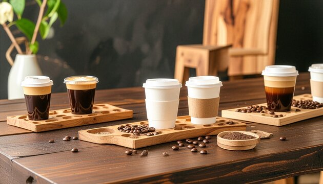 Coffee cups sit on wooden trays. Roasted beans scatter around the table. Dark walls and wood accents create a cozy vibe. No people are shown, so emotions are irrelevant