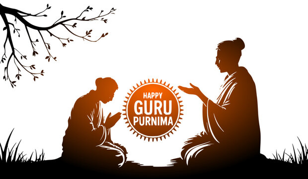 Happy Guru Purnima festival greeting card layout featuring a silhouette of a disciple student bowing with folded hands to a spiritual guru teacher on a grass field under a tree branch with a warm oran