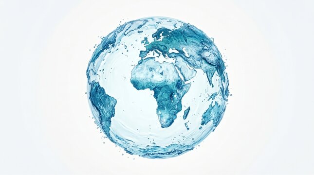 Splashing blue water shaped like planet Earth with continents, isolated on a white background. Perfect for eco themes.