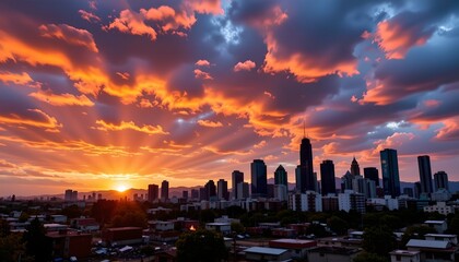 Fototapeta premium Urban Skyline Sunset Amidst Environmental Devastation