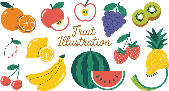 Colorful flat vector fruit illustration set featuring orange apple grape kiwi lemon cherry banana watermelon strawberry pineapple melon