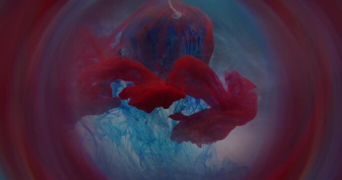 Dye spill. Blur paint wave. Red blue liquid pouring on glass crystal sphere. Colorful circle frame underwater mix abstract background.