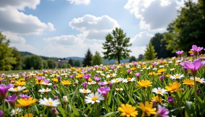 Obraz premium Spring Meadow Bright Sunlight with Wildflowers