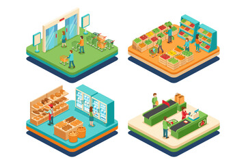 Fototapeta premium Isometric Supermarket Shopping Experience Customers Navigating Grocery Store Aisles and Checkout Process