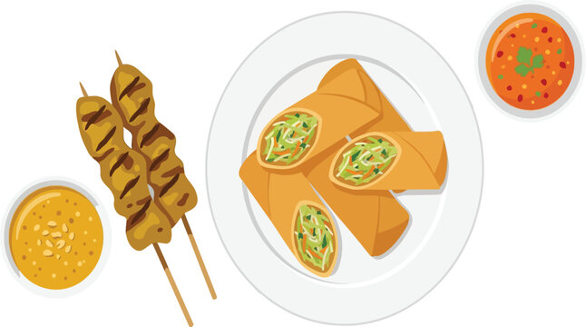 Traditional Thai appetizers including chicken satay and spring rolls served with dipping sauces