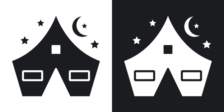 Night camping icons vectors in solid black and white style